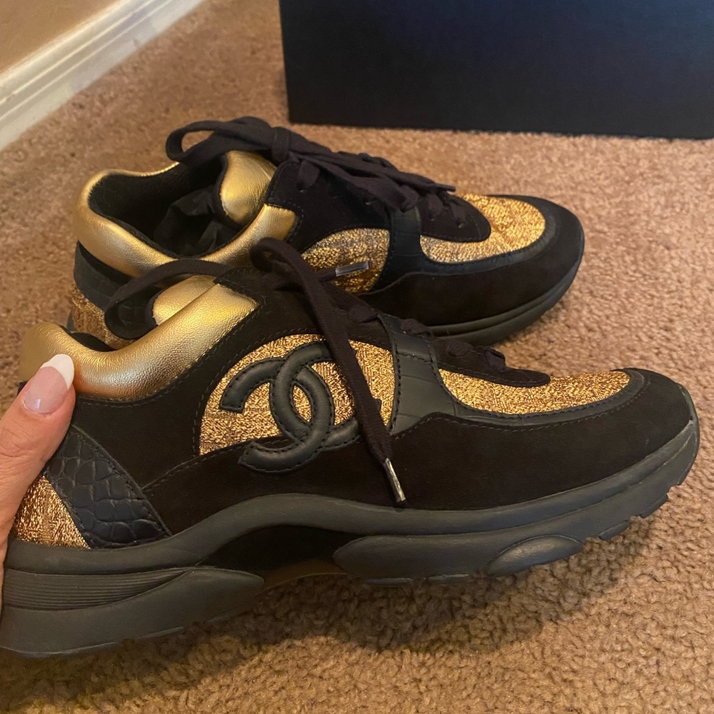 Chanel Kid Suede Croc Calfskin Embossed Sneakers